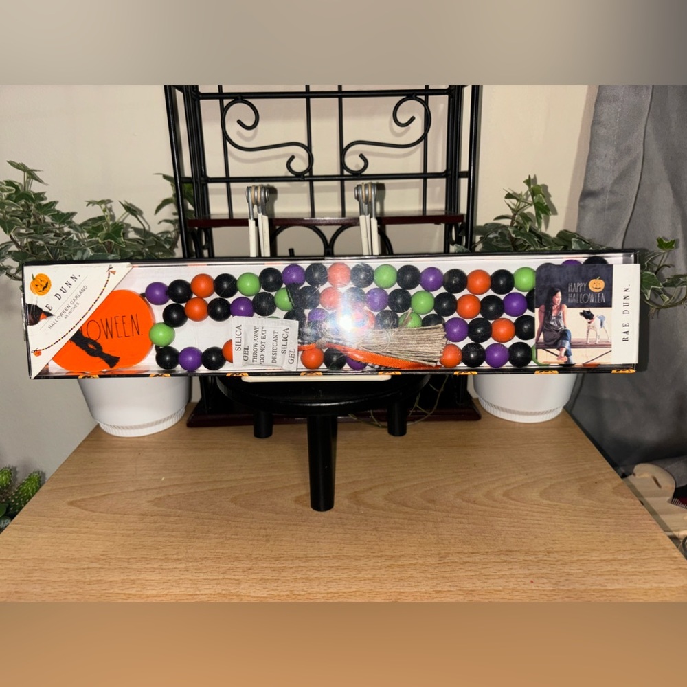 Rae Dunn Halloween Wood Bead Garland with Wooden Pumpkin Charms on each end.